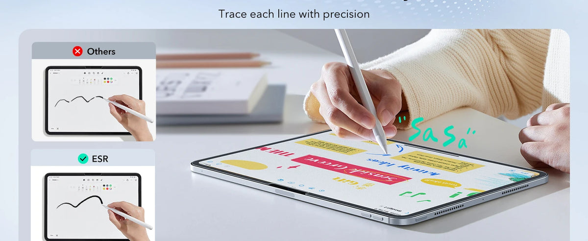 Eine Hand zeichnet eine Linie auf einem iPad-Bildschirm, die Präzision von Papier-Feeling-Displays für Apple-Geräte demonstri