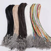 A collection of adjustable leather cord necklaces in various colors including black, beige, brown, and multicolored strands.