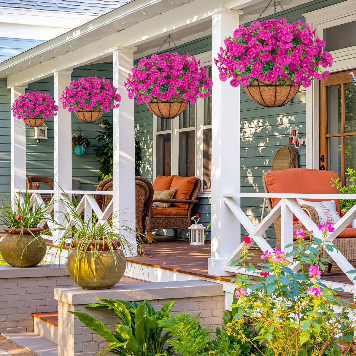 A porch decorated with pink and purple hanging flower baskets and potted plants on a wooden deck.