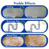 Before and after images showing the visible effects of a transparent waterproof leak sealant on a ceiling, drainage pipe, and