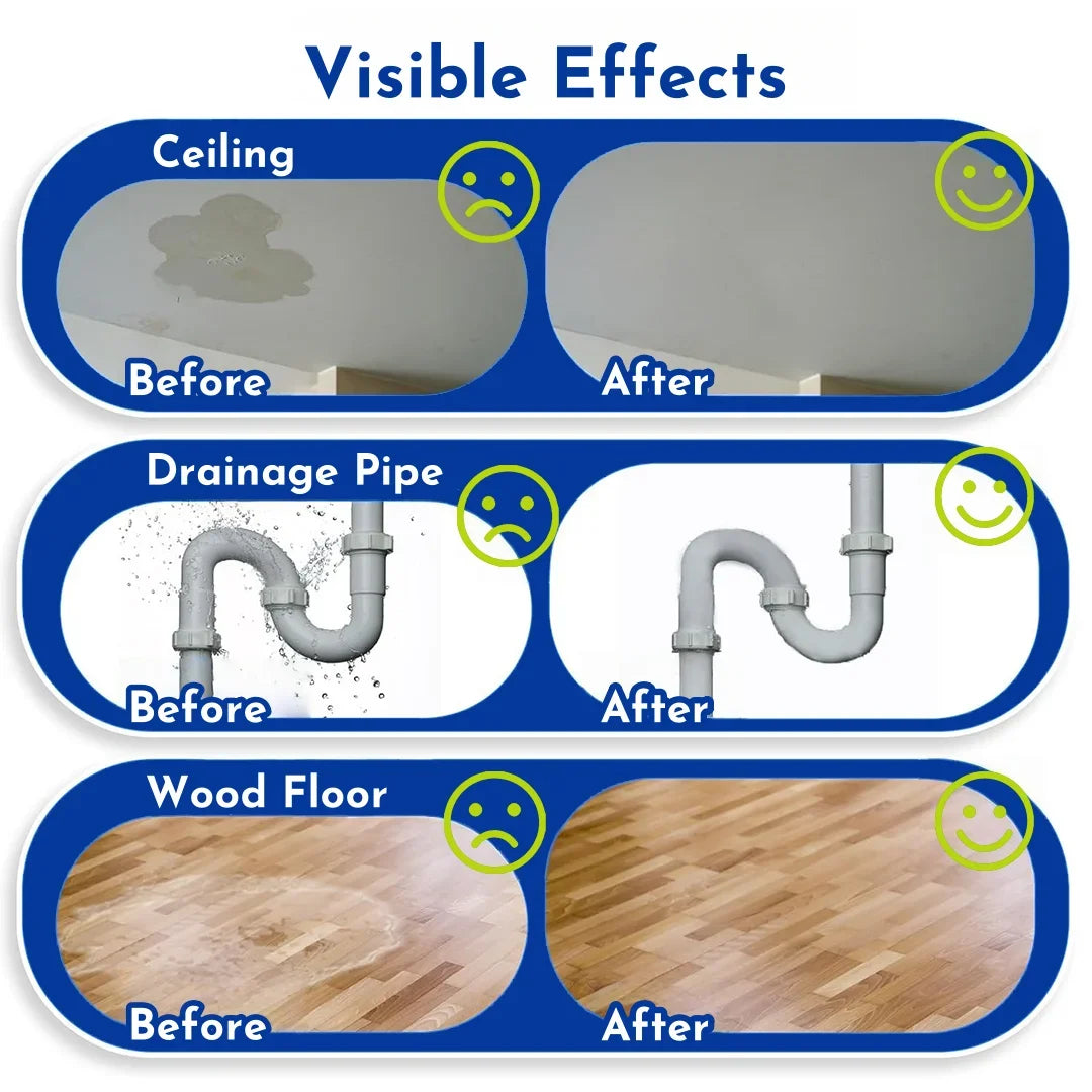 Before and after images showing the visible effects of a transparent waterproof leak sealant on a ceiling, drainage pipe, and