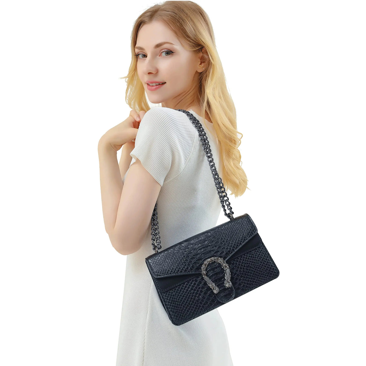 Women's Snake Print PU Leather Crossbody Bag with Chain Strap