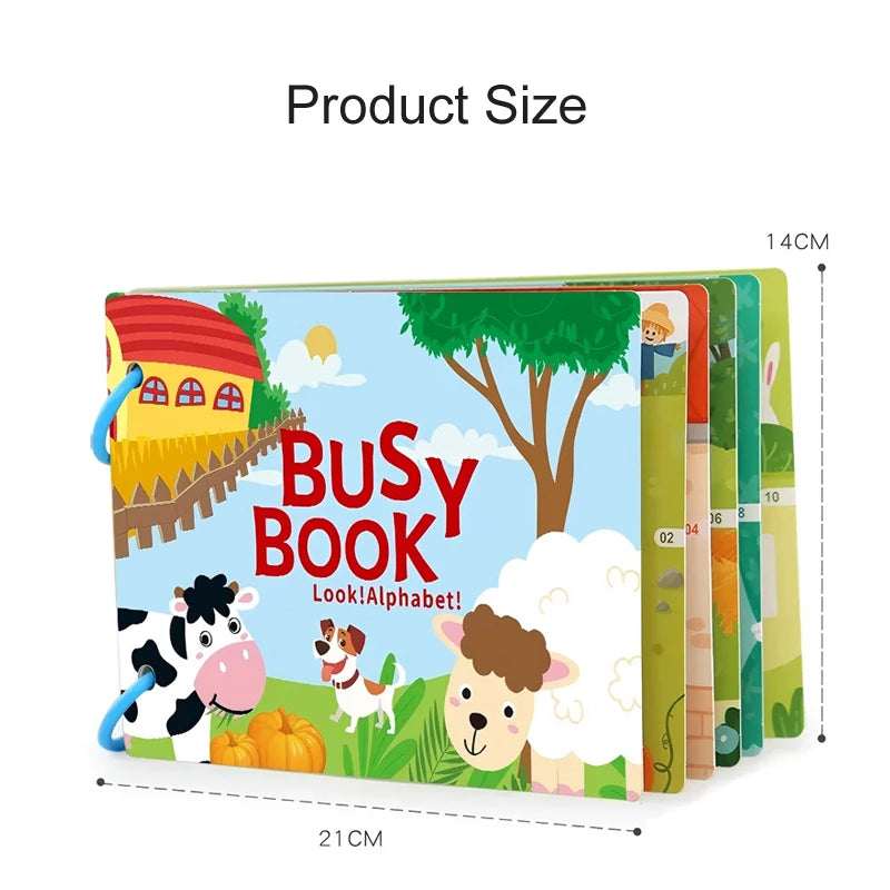 A colorful busy book for toddlers featuring illustrations of animals and nature.