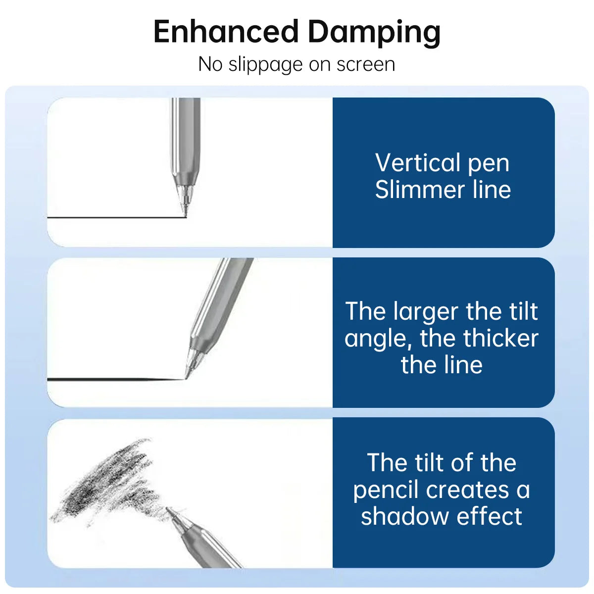 Demonstration of enhanced damping features showing vertical pen slimmer line, thicker lines with tilt, and a shadow effect fr