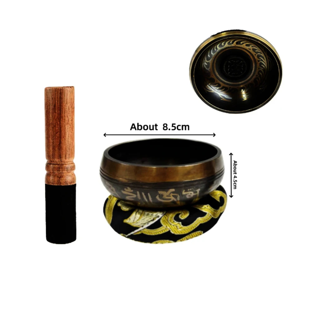Handcrafted Tibetan singing bowl with a wooden striker and a black cushion