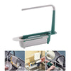 A green and white adjustable sink sponge holder with a drainer basket shown in various usage contexts.