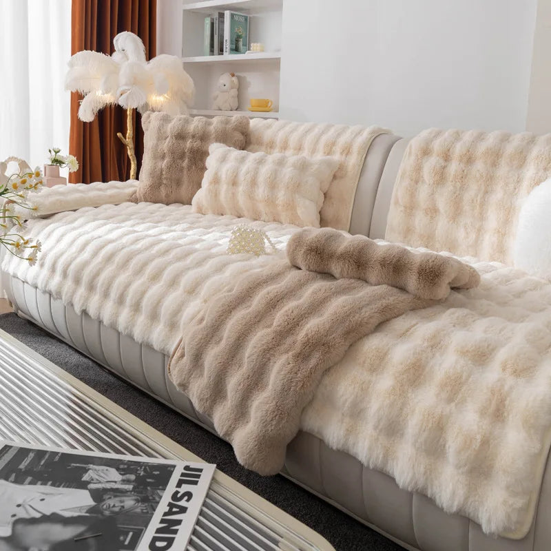 Plush Rabbit-Feel Sofa Cover with Anti-Slip Backing