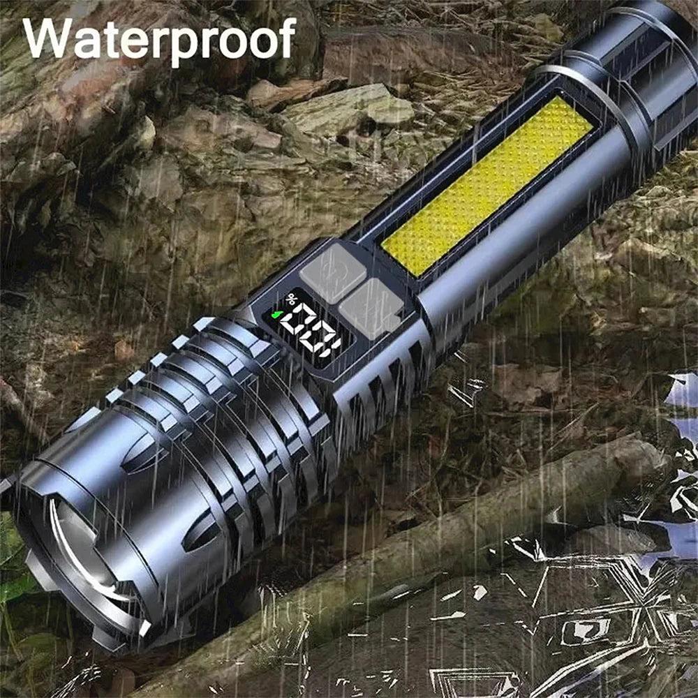 A silver high-power LED flashlight with a yellow light strip is shown being used in wet, outdoor conditions.