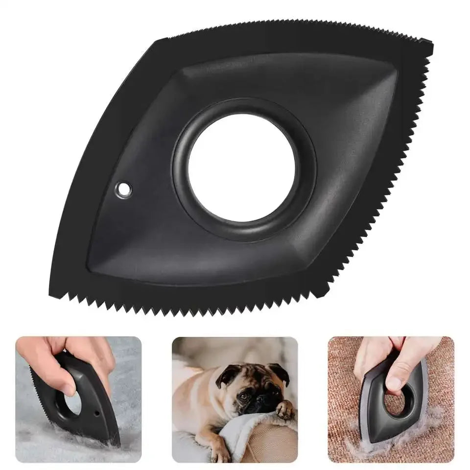 A black pet hair remover and grooming comb with a circular opening, shown in use on a dog.