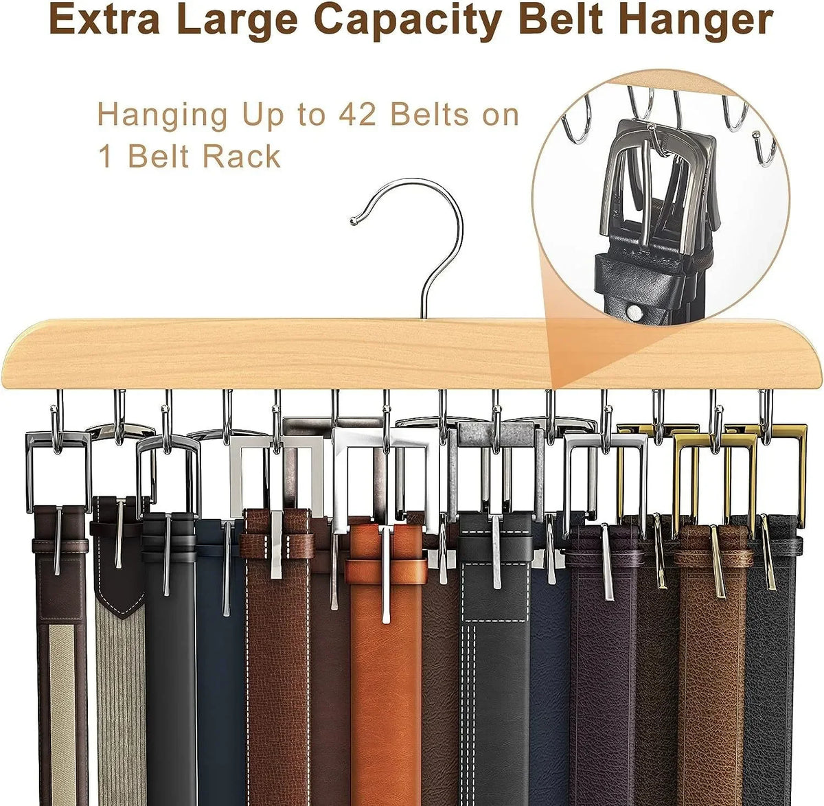Wooden belt hanger rack displaying various colored leather belts hanging on hooks