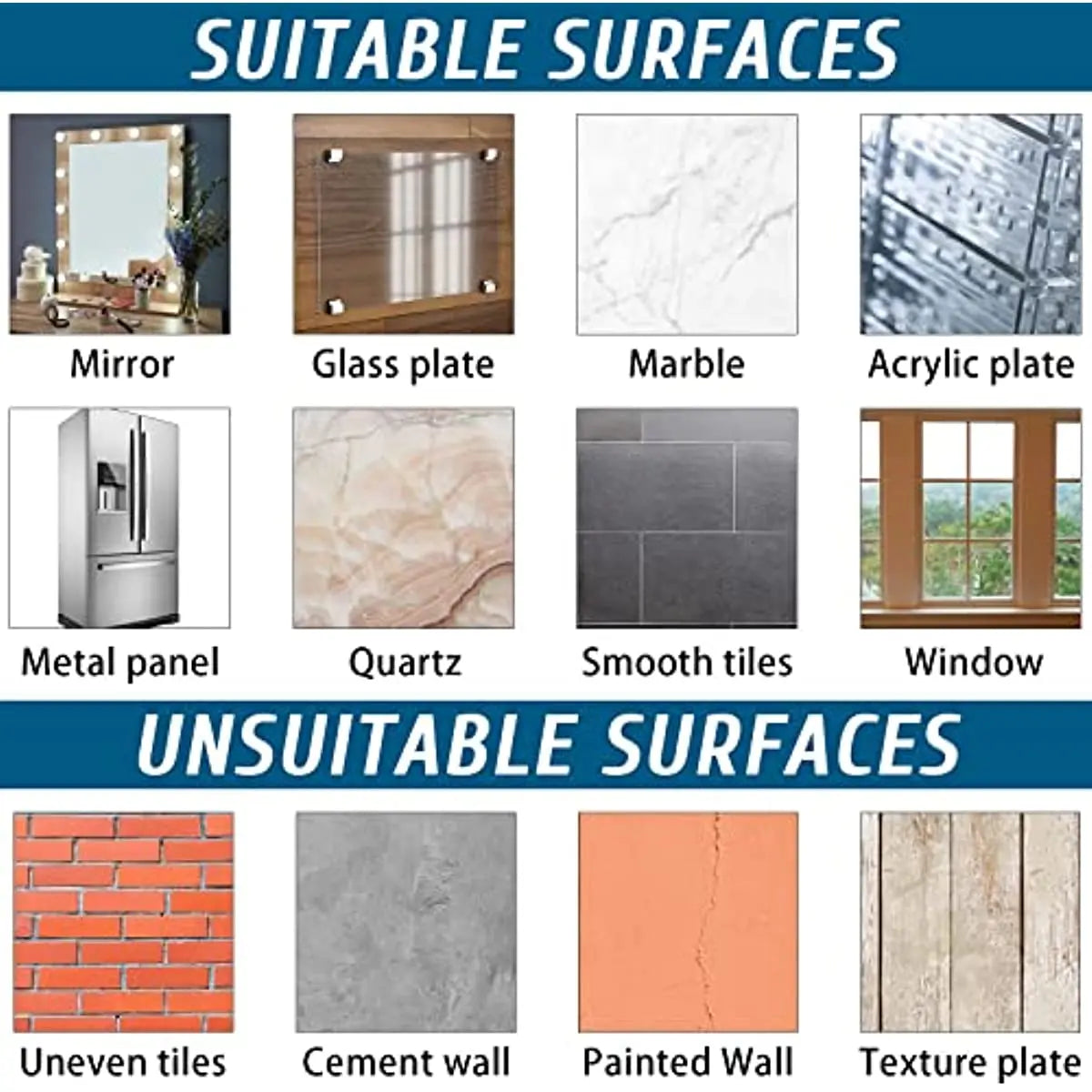 Image showing suitable and unsuitable surfaces for mounting products, including mirror, glass plate, marble, acrylic plate, m