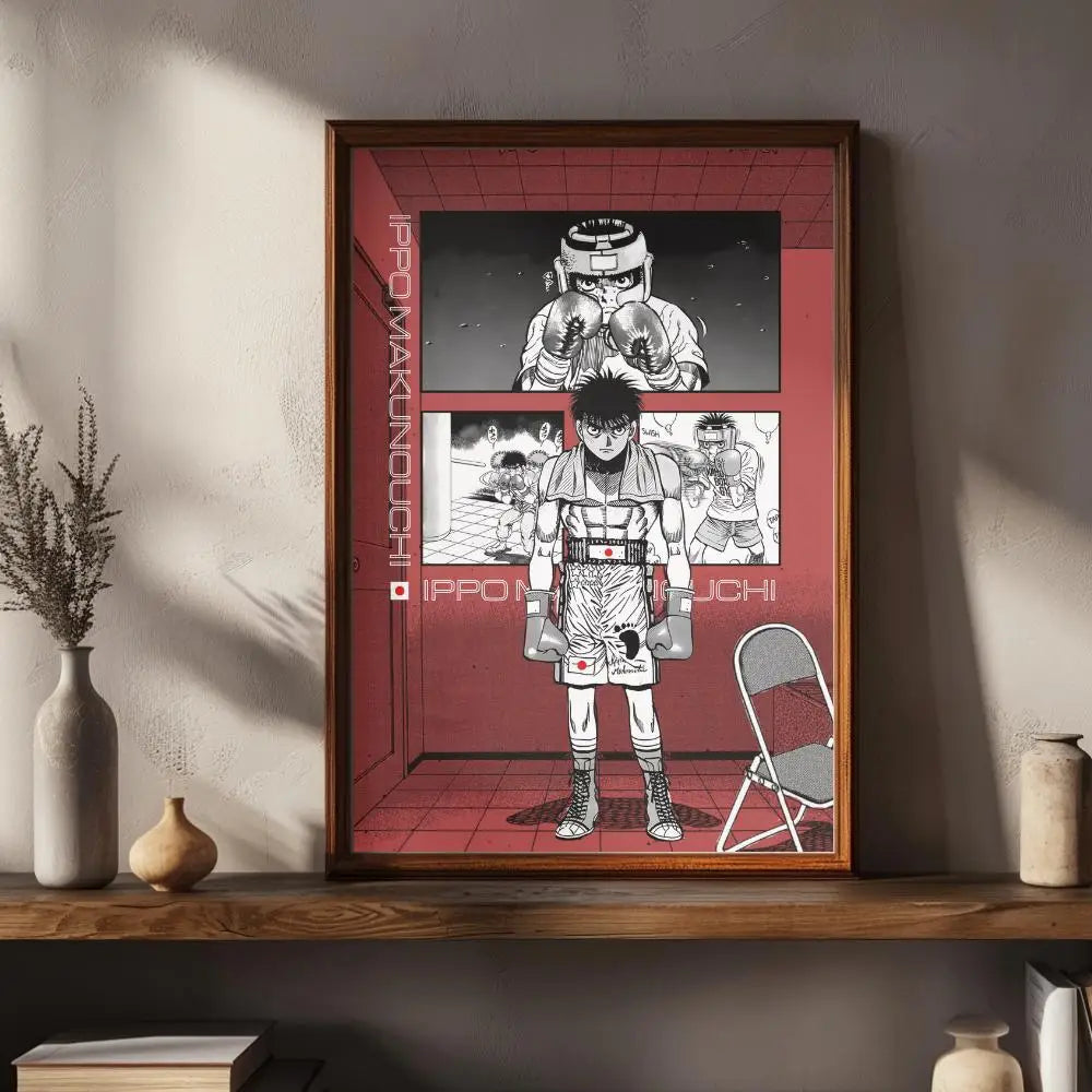 A framed canvas wall art featuring an anime style depiction of a boxer with a helmet and boxing gloves.