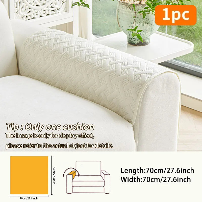 A beige anti-slip sofa cushion is displayed on a white sofa, showing its dimensions and texture.