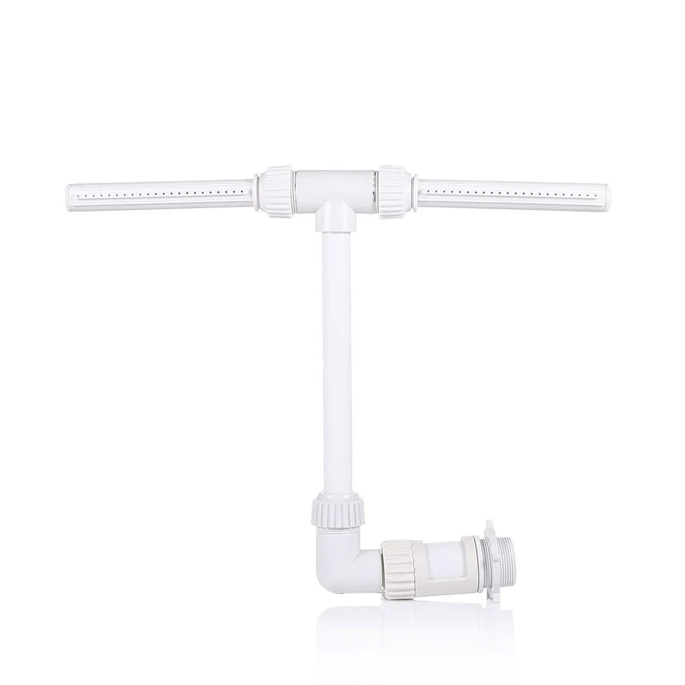 A white adjustable dual-stream pool water fountain with a long horizontal bar and vertical pipe.