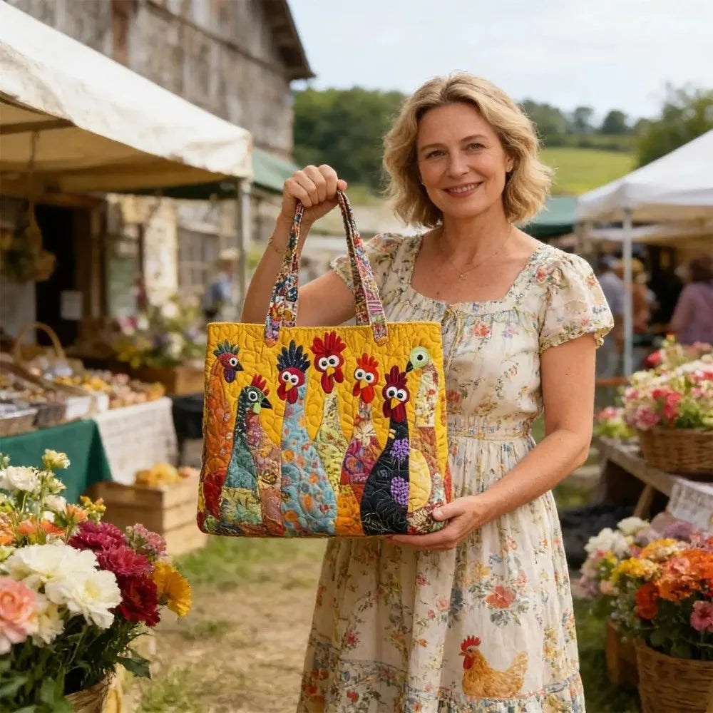 A woman holds a yellow quilted tote bag with colorful birds and floral patterns in an outdoor market setting.