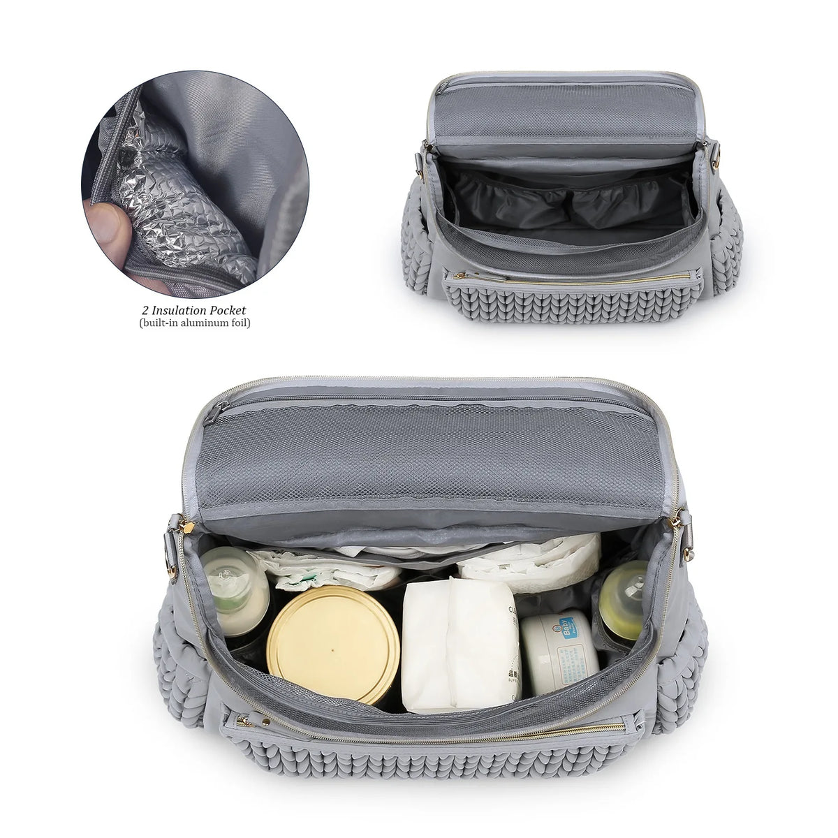 A gray waterproof diaper bag with a clear pocket showing insulation and various supplies inside.