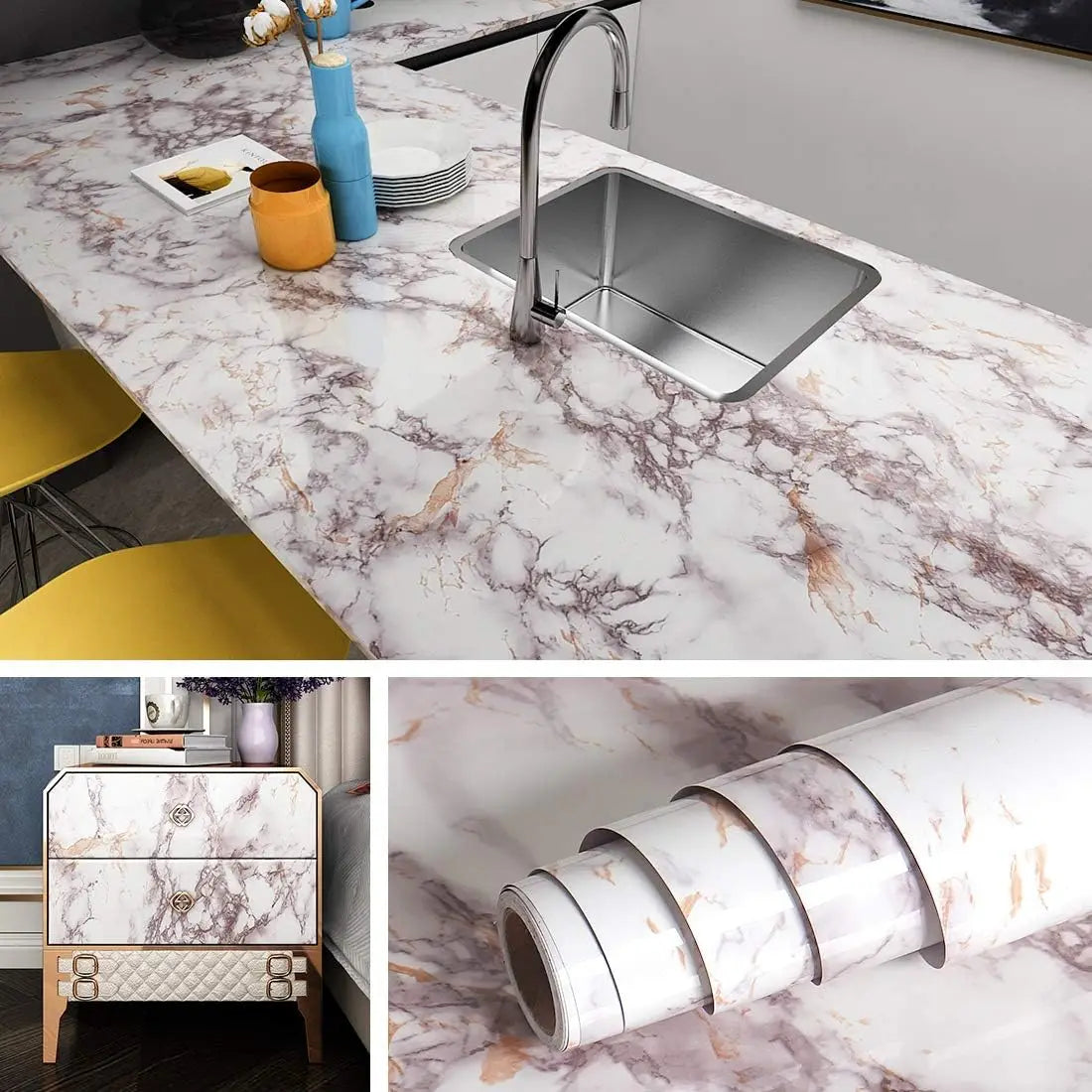 A kitchen sink installed in a marble countertop, with a roll of pearlescent pink marble peel and stick wallpaper nearby.