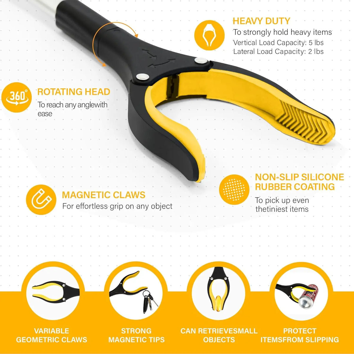 A yellow and black foldable grabber tool with a rotating magnetic head designed for gripping various objects.