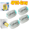 Four grey reusable shoe washing bags shown with a yellow bag in a washing machine context.