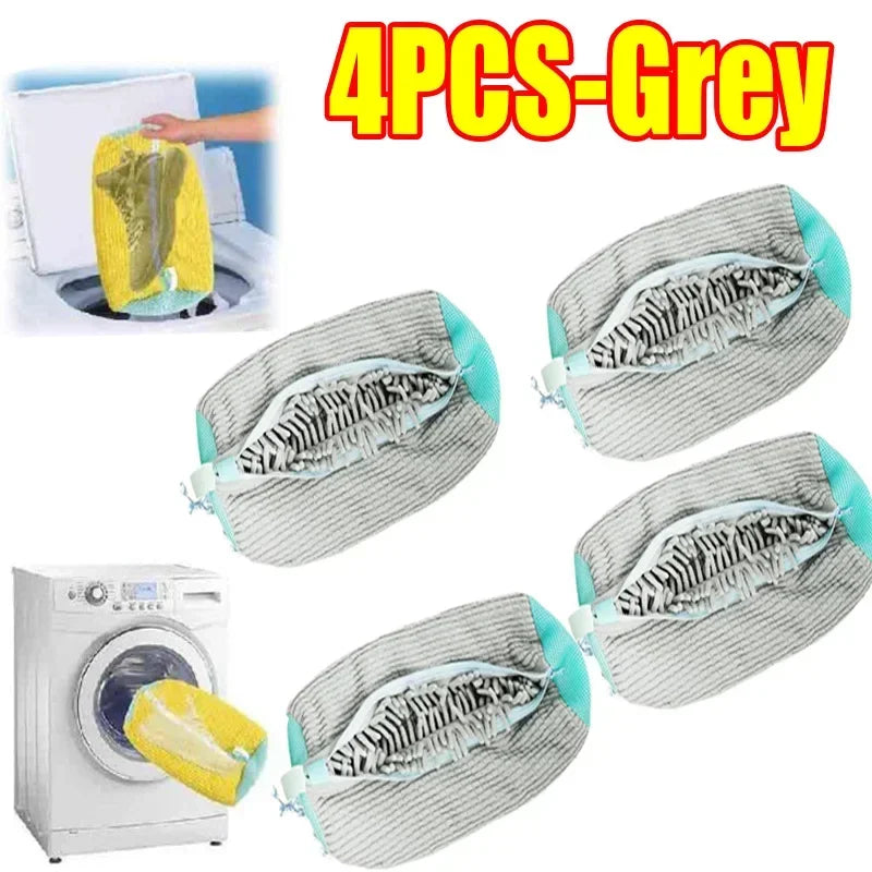Four grey reusable shoe washing bags shown with a yellow bag in a washing machine context.