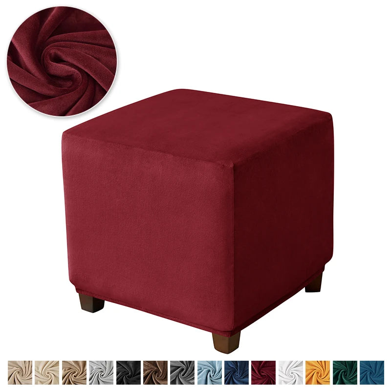A square ottoman cover in deep burgundy stretch velvet fabric shown next to a circular swatch.
