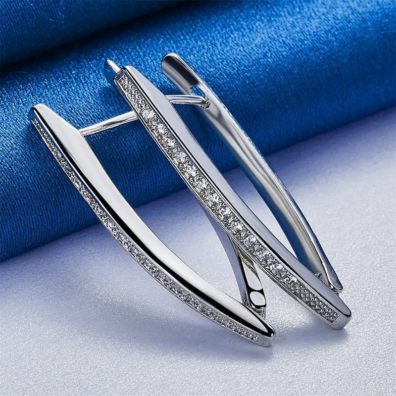 V-Shaped Sterling Silver Hoop Earrings with Zircon Accents