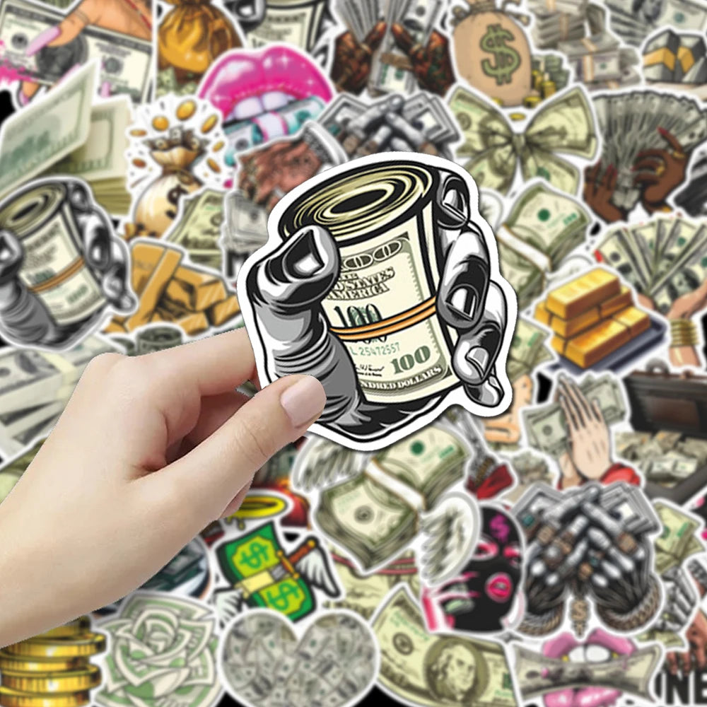 A hand holds a sticker pack featuring various funny money and cartoon graffiti designs.