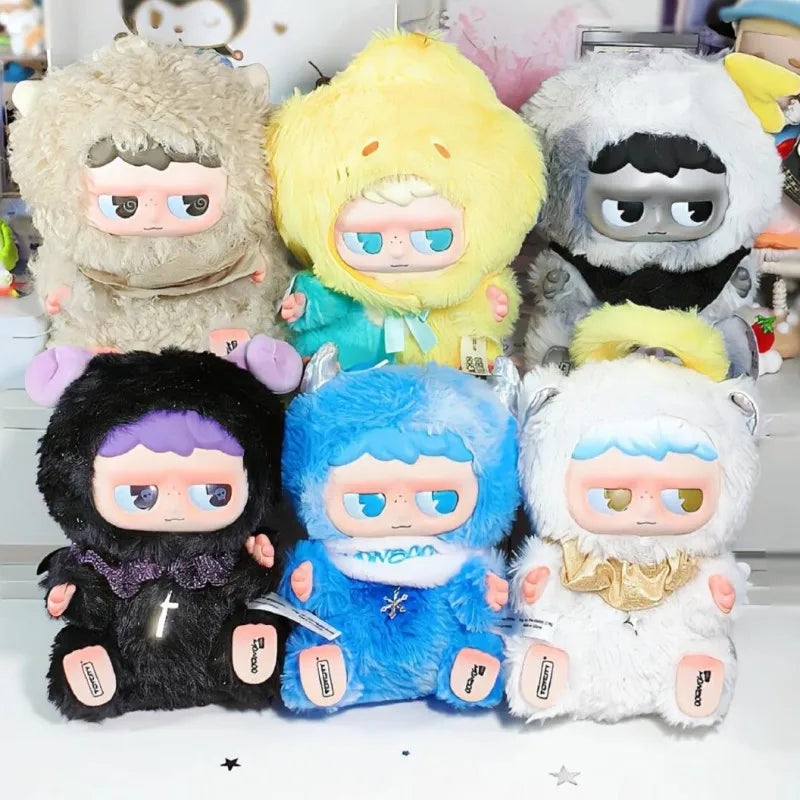 A collection of seven MONBOO Emotional Weather Station collectible blind box figures in various colors and textures.