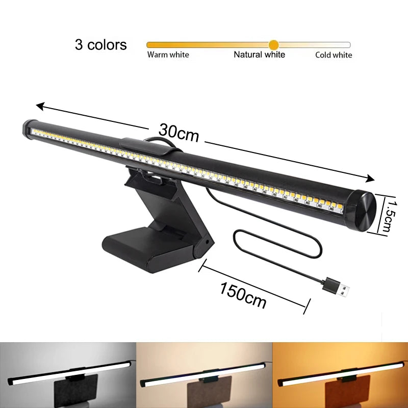 A black clip-on LED monitor light bar with an adjustable color temperature selector and power cord.