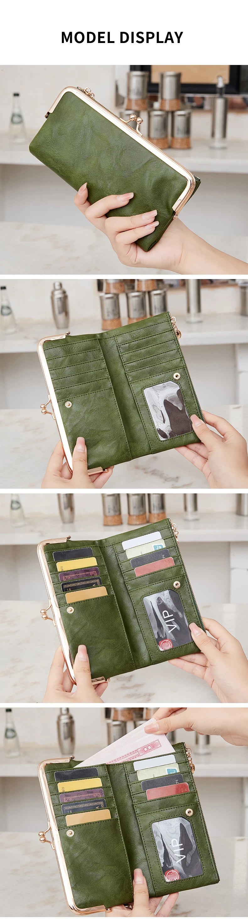 A close-up display of a green leather vintage kiss lock long wallet being held by a hand.