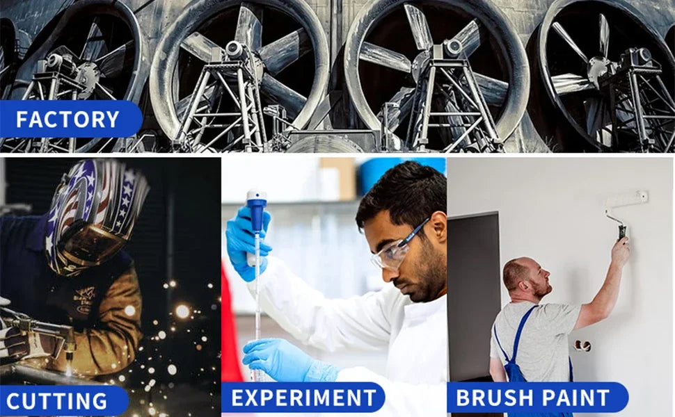 A collage showing factory machinery, cutting processes, experiment work, and brush painting.