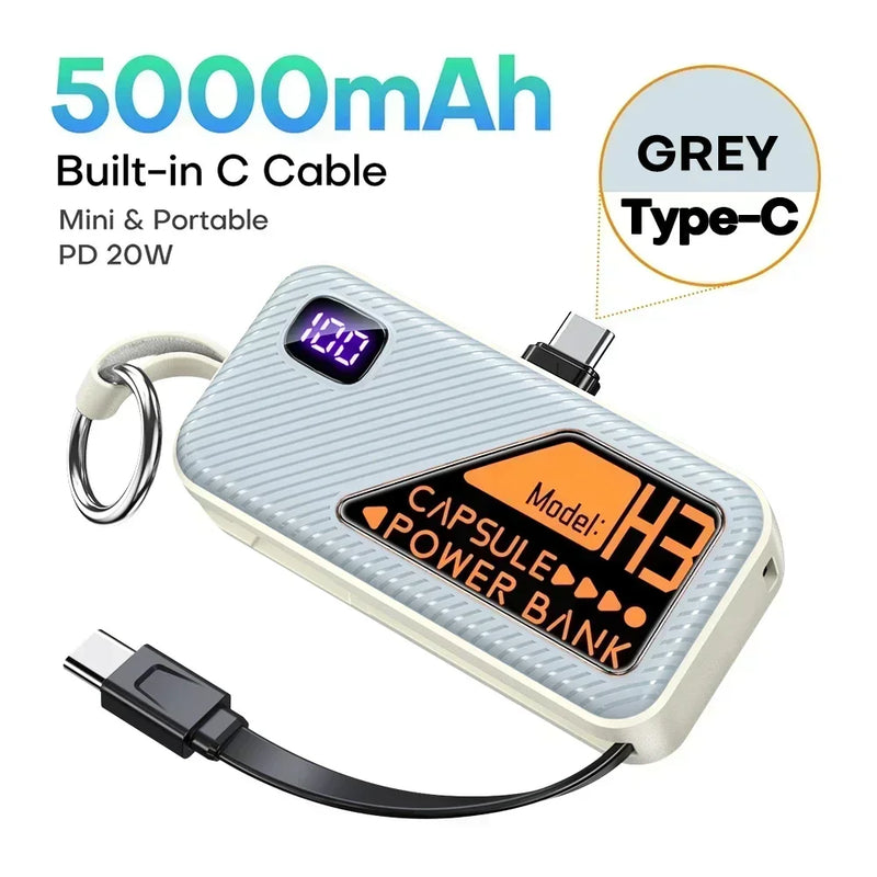 Compact 5000mAh Power Bank with Built-in USB-C Cable