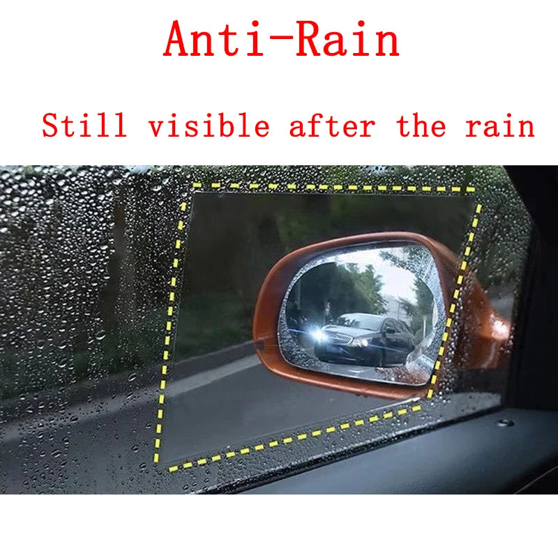 Close-up of a car mirror showing visibility after rain, demonstrating anti-rain film effectiveness.
