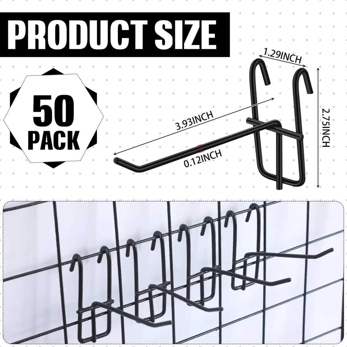 A set of five black heavy duty grid hooks for display and organization, shown with size measurements.