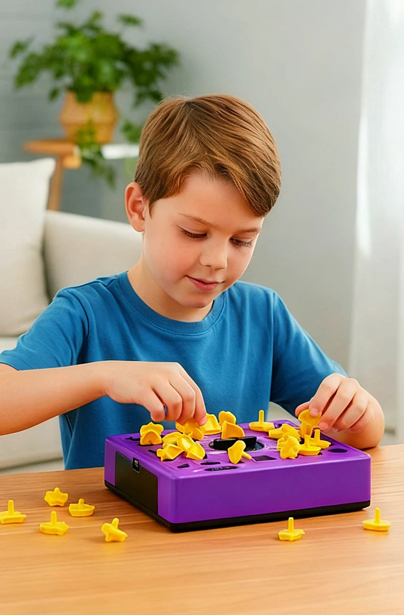 A young boy is playing with a purple shape matching puzzle game, assembling yellow pieces on a wooden table.