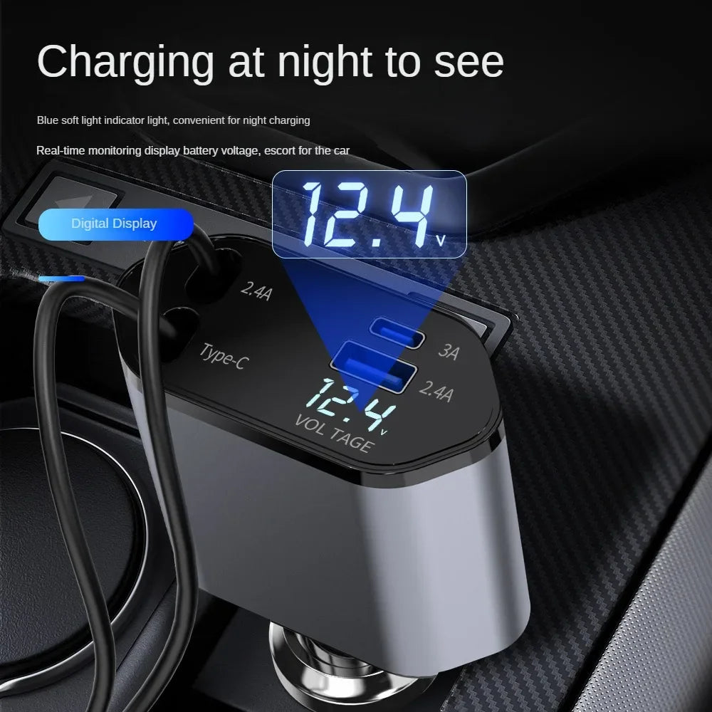 120W 4-in-1 Retractable Car Charger with Dual USB and Type-C Ports