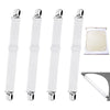 Four white adjustable bed sheet grippers with clips and a separate sheet is shown.