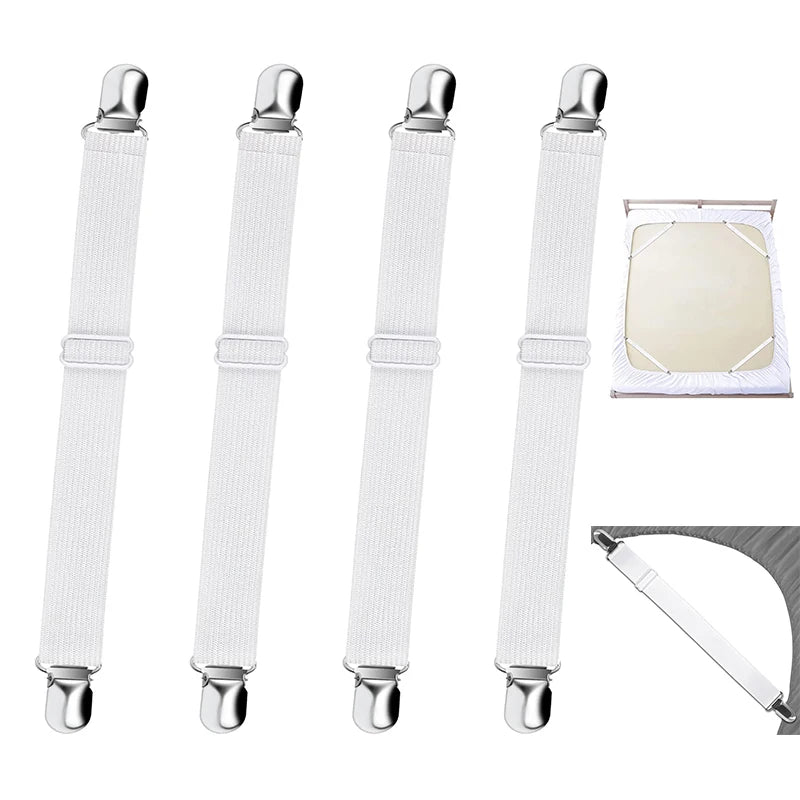 Four white adjustable bed sheet grippers with clips and a separate sheet is shown.
