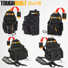 Black ToughBuilt electrician tool pouch with belt clip and kickstand shown in various views.