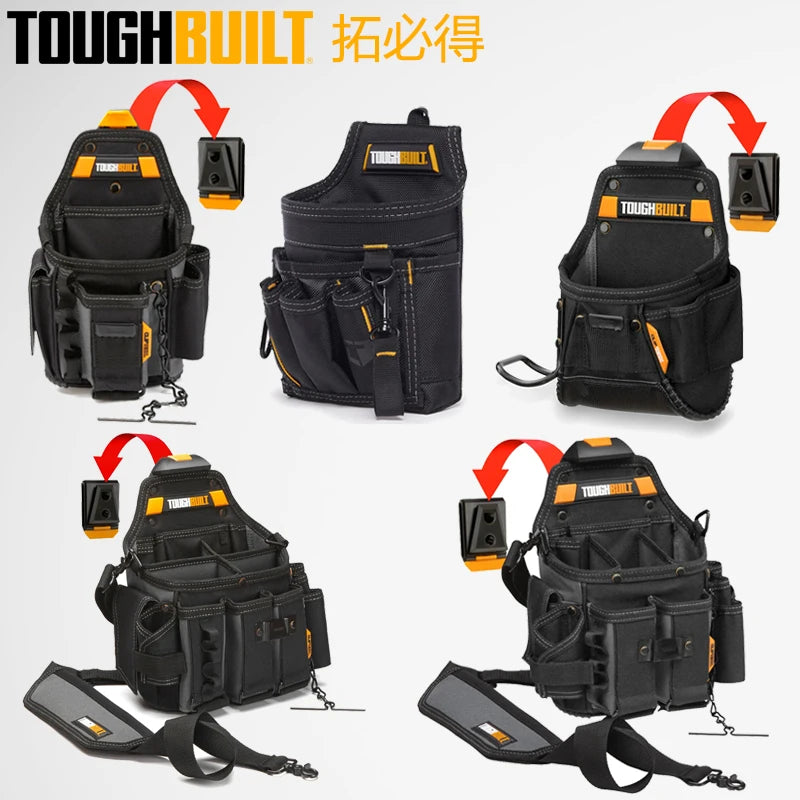 Black ToughBuilt electrician tool pouch with belt clip and kickstand shown in various views.