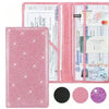 A pink glitter wallet organizer holding various documents like ID cards and insurance papers.