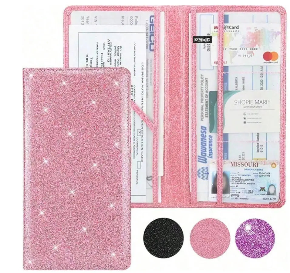 A pink glitter wallet organizer holding various documents like ID cards and insurance papers.