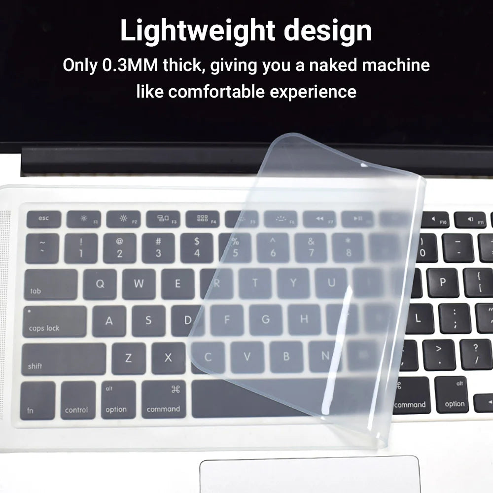 A clear silicone keyboard cover is shown placed on a laptop keyboard, highlighting its lightweight design.