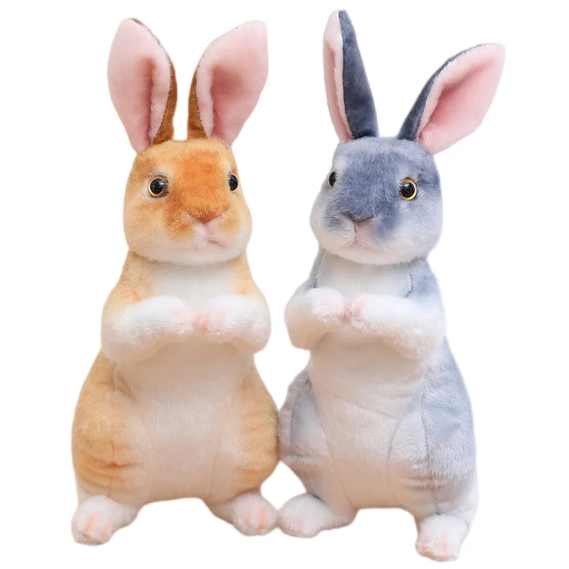 A pair of lifelike plush rabbit stuffed animals, one orange and one gray.