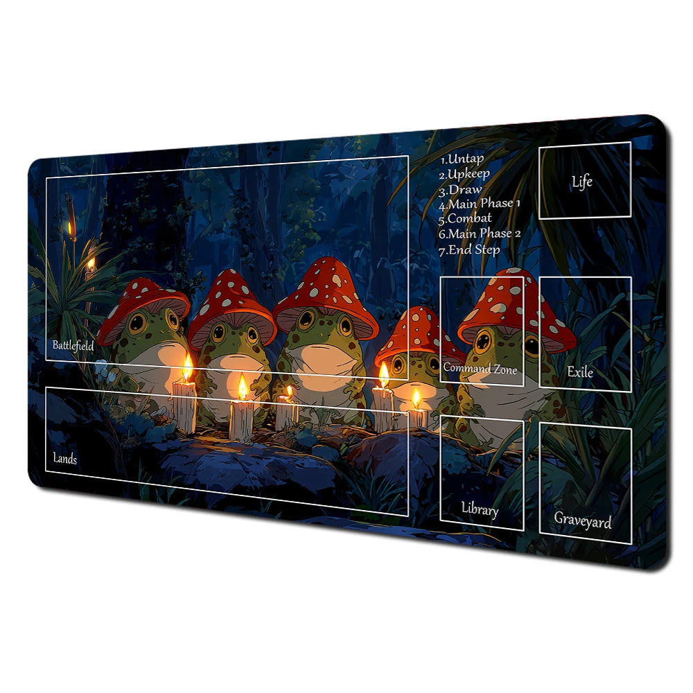 Fantasy card playmat featuring an illustration of a rabbit archer and raccoon in a dark forest setting.