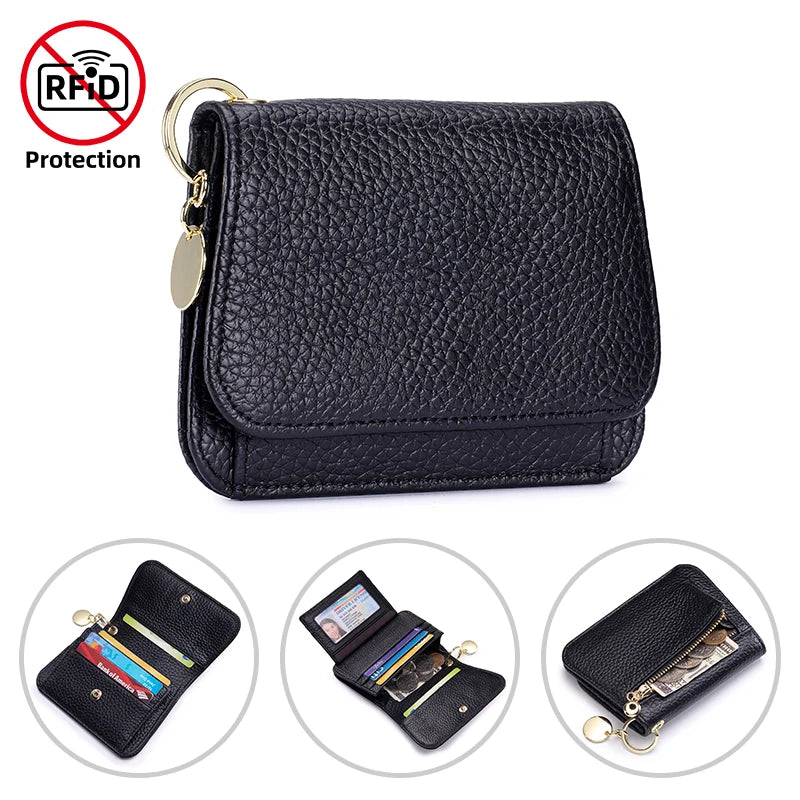 Genuine Leather Tri-Fold Wallet with Coin Pocket & Keychain
