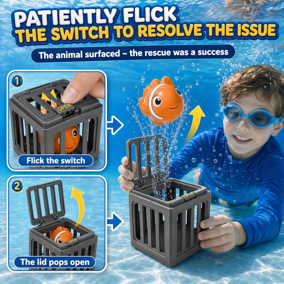 A child successfully uses a flick switch to open a container and rescue a floating animal figure.