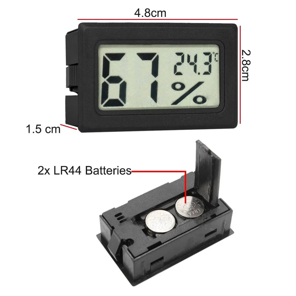 A black mini digital thermometer and hygrometer with an LCD display showing 67 degrees and 24.3 percent humidity.