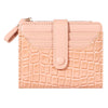 A light pink women's double-zip PU leather wallet with card slots featuring a crocodile texture.