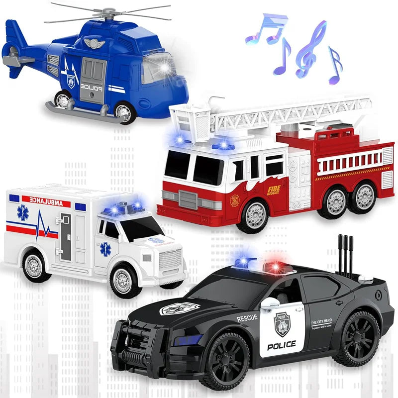 Friction Powered Emergency Vehicle Toy Set with Lights and Sounds